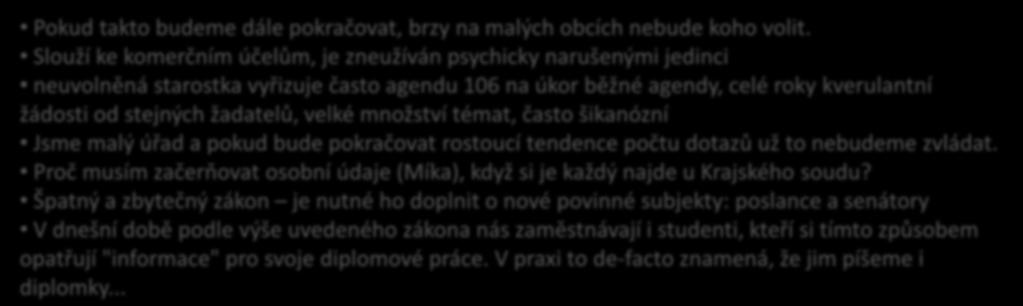 množství témat, často šikanózní Jsme malý úřad a pokud bude pokračovat rostoucí tendence počtu dotazů už to nebudeme zvládat.