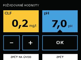 Nastavení ph Nastavtení požadované hodnoty ph: 1. Na úvodní obrazovce stiskněte NASTAVENÍ a pak PARAMETRY. 2. Stiskněte modré tlačítko POŽADOVANÁ HOD. ph vpravo. 3.