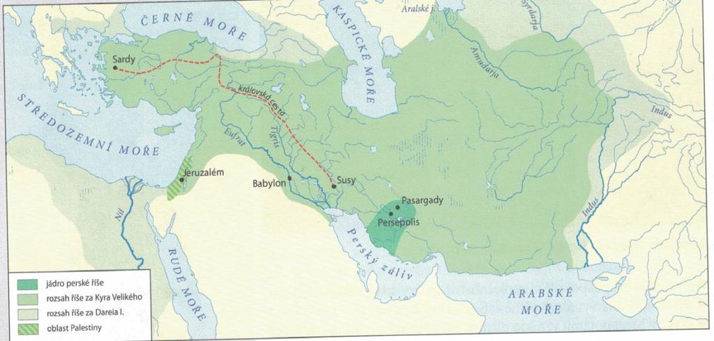 Sýrie, Fénicie, Palestiny sjednocení Přední Asie a vznik veleříše - jeho syn Kambýsés dobyl Egypt - hlavním městem Persepole (přepychové město) - další vládce Dareios I.