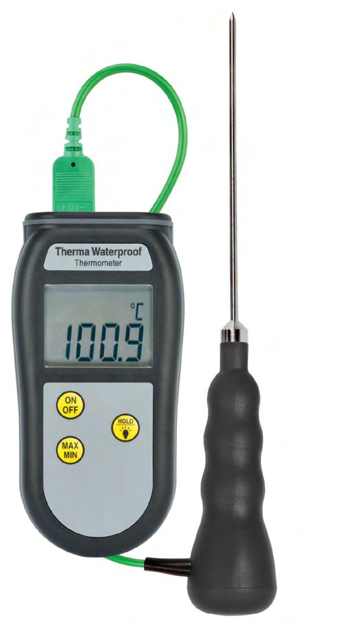 priemyselné Vodotestný teplomer Therma s pripojiteľnými sondami s termočlánkom typu K Teplomer má krytie IP66/67 a je vodotesný Podsvietenie, funkcie : max/min & hold Gumenné púzdro - vysoká odolnosť