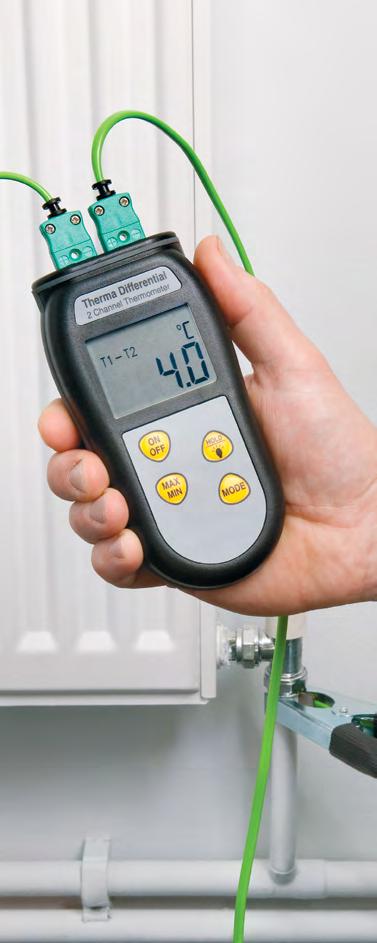 Vodotesný diferenčný teplomer Therma 2-kanálový, T1 alebo T2 alebo T1 minus T2 diferenciál Robustné púzdro, krytie IP66/67 Ideálny na doladenie radiátorov alebo HVAC aplikácie Dizajnovaný pre vodárov