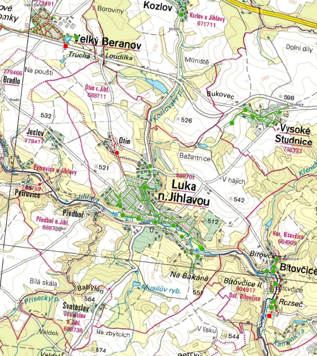 MAPA - KANALIZACE Trasování sítí, lokalizace ČOV, čerpacích stanic, výústí, odlehčovacích komor