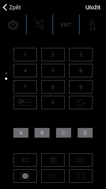 Zobrazí se první část grafiky pro dálkový ovladač s předdefinovanými tlačítky. Tahem prstu nahoru po obrazovce se zobrazí druhá část grafiky.