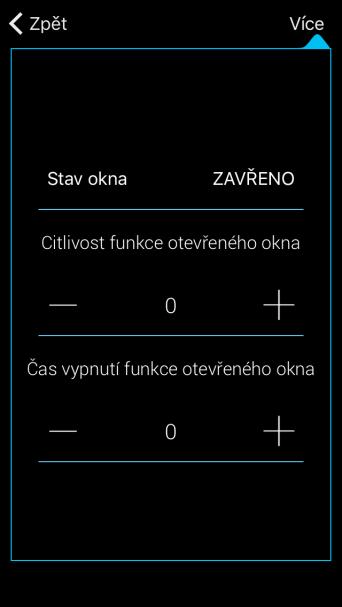 případě otevření okna a uzavírá RFATV-1 na předem nastavenou dobu) červená fce zapnutá - zobrazení stavu otevření hlavice Stiskem tlačítka Další v pravém horním roku se zobrazí nabídka nastavení