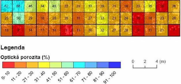 Optická porosita je vyjádřena barevnou škálou v rozmezí 10 % pro čtvercovou síť o straně oka 2 metry, jak ukazuje následující obrázek. Obr. 3.14.