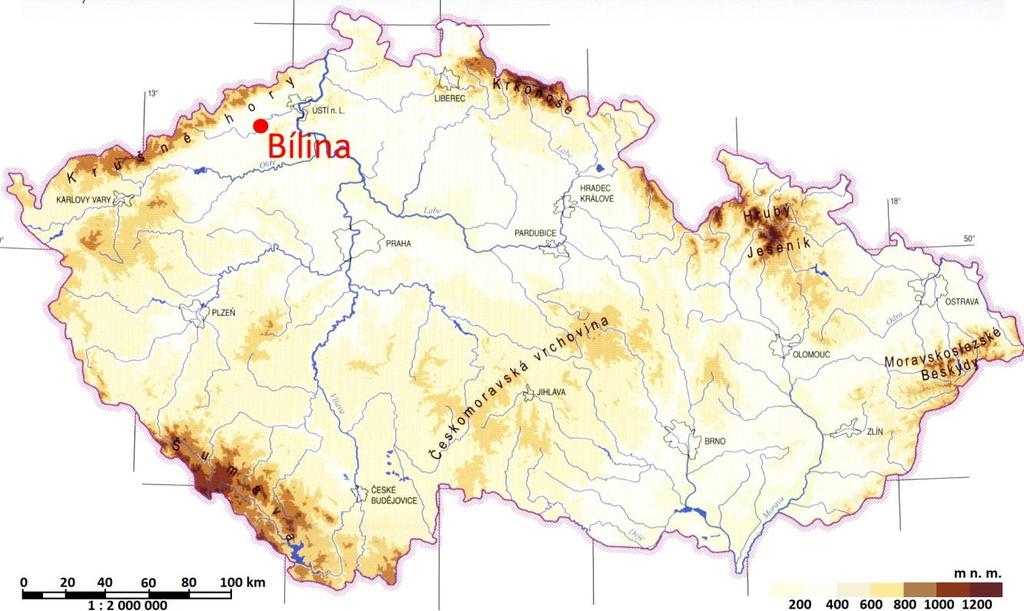 2. Bílina a okolí 2.1 Vymezení studované oblasti, geografie Město Bílina (207 m n. m.; GPS 50 32'54.456"N, 13 46'34.121"E) a jeho bezprostřední okolí (podle http://bilina.