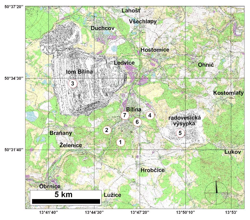 Obr. č. 2 Mapa okolí města Bíliny s označením popisovaných lokalit. Zpracováno na bázi mapy měřítka 1:10 000 (zdroj: Odbor měřictví a geologie Severočeských dolů a.s. dále OMG SD a.s.).