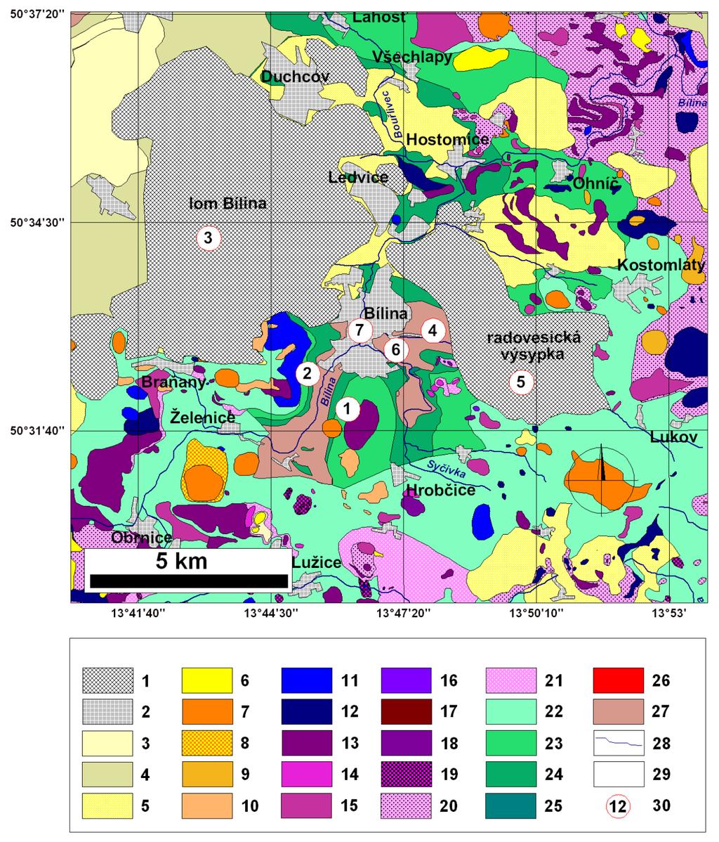 2.3 Geologická stavba a vývoj Obr. č. 3 Geologická mapa okolí Bíliny s označením popisovaných lokalit (Mach, 2012 nepublikováno, odvozeno z Kopecký et al., 1991).