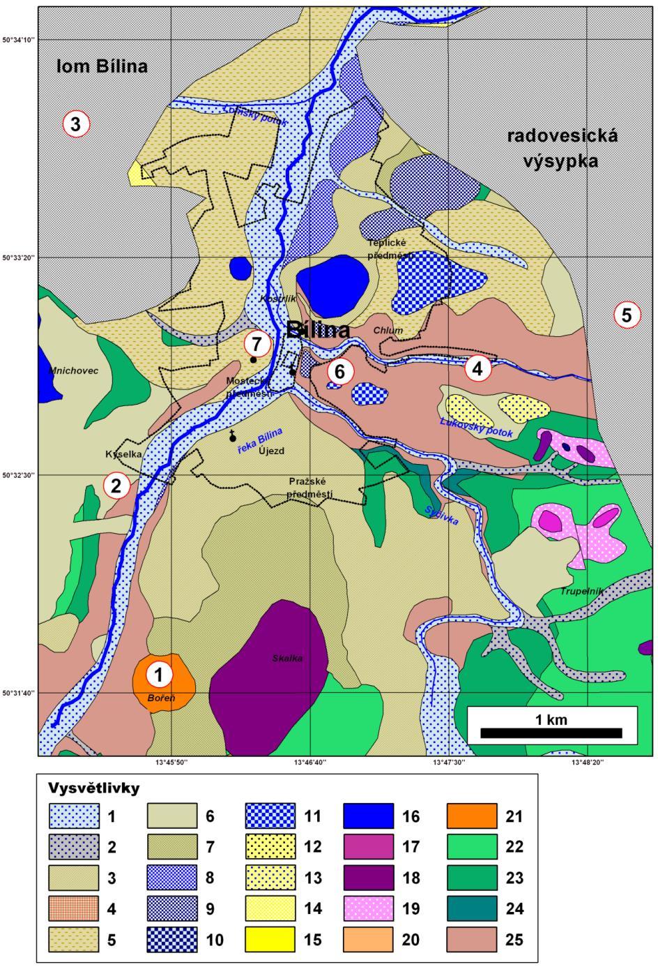 Obr. č. 5 Geologická mapa Bílinska s kvartérními útvary a s vyznačením popisovaných lokalit (Mach, 2012 nepublikováno, odvozeno z Kopecký et al.