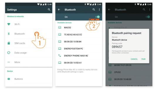 Pøipojení Bluetooth Ze stavové lišty na hlavní obrazovce zvolte Nastavení a postupujte takto: 1. Klepnìte na kartu Bluetooth 3.
