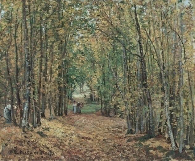 5. Camille Pissarro Cesta v parku Marly, olej, 1871 Světlo se mu ovšem podařilo zachytit již v obraze Břízová nálada, který vznikl o necelý rok dříve a byl vystaven na první výstavě Mánesa roku 1897.