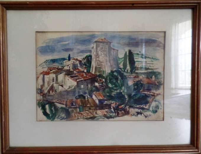 Neznámý český malíř rok 1947, signováno (nečitelné) Montfort/Starkenberg zřícenina křižáckého hradu v dnešním Izraeli /Czech unknown artist in 1947, signed