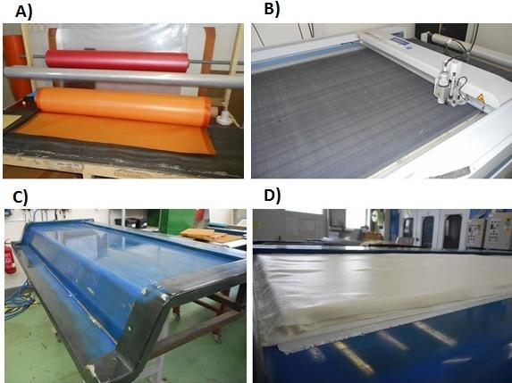 UTB ve Zlíně, Fakulta technologická 49 V prvním kroku výroby byl prepreg materiál vytemperovaný na pokojovou teplotu a nařezán na poţadované rozměry pomocí řezacího plotru Zünd M1600 o rozměrech