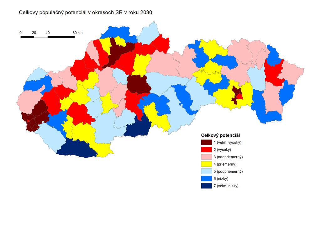 Mapa 3 Celkový potenciál v okresoch SR v roku 2030 Medzi okresmi s najvyšším celkovým potenciálom sa budú nachádzať len okresy s najvyšším vzdelanostným potenciálom.