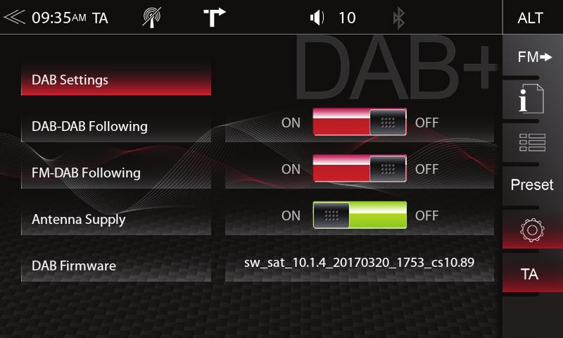 NASTAVENÍ DAB+ PŘEDVOLBY STANICE DAB+ Stránka nastavení rádia DAB+ umožňuje definovat důležité funkce, jako např. sledování stanic DAB<>DAB a FM<>DAB.