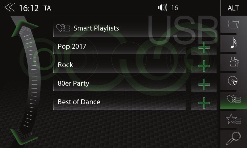 Tato funkce umožňuje spravovat seznamy skladeb vytvořené funkcí Smart Playlist. Seznamy skladeb lze přejmenovat. Pole názvu seznamu skladeb Klepnutím přejdete na další vyšší úroveň.
