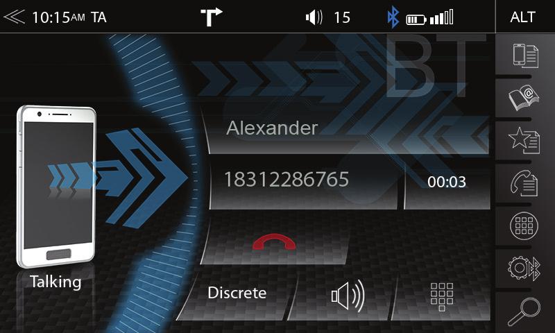 kontakty podle příjmení Ukončit Klepnutím na červené sluchátko ukončit hovor Mikrofon Zesílení mikrofonu Stavový řádek Bluetooth Interní = v rámci zařízení Externí = pouze pokud byl nainstalován