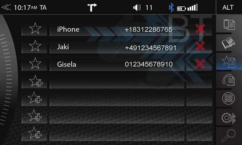 Oblíbené MULTIZÓNA (AUDIOSYSTÉM ZADNÍHO SEDADLA) Na této stránce přidat osm nebo více telefonních čísel do položky Oblíbené.