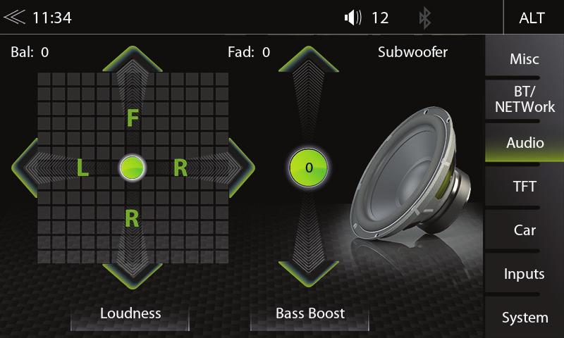 Rychlé nastavení zvuku (BAL / FAD / Subwoofer / Hlasitost / Zvýraznění basů) NASTAVENÍ zvuku: REŽIM EXPERTA V tomto menu je možné nastavit úroveň hlasitosti / faderu, hlasitosti, zvýraznění basů a