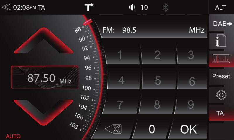 nebo automatické hledání stanice FM vzestupně. Klepnutím otevřete režim klávesnice pro přímé zadání frekvence.