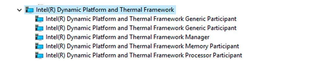 Ovladač zařízení Nástroj Intel Dynamic Platform and Thermal Framework Ve Správci zařízení zkontrolujte, zda je nainstalován ovladač funkce Intel Dynamic