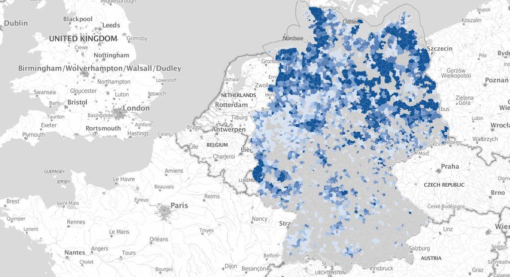 Rozložení větrných elektráren v Německu Instalovaný výkon větrných elektráren Méně než 200 MW Od 200 do