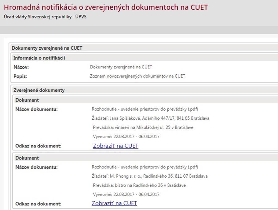 Obr. 11 - Hromadná notifikácia o zverejnených dokumentoch na CUET 1.