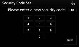 POČÁTEČNÍ NASTAVENÍ 3 Zobrazte obrazovku <Security>. 4 Zobrazte obrazovku <Security Code Set>. 5 Zadejte čtyřmístné číslo (1) a následně zadání potvrďte (2).