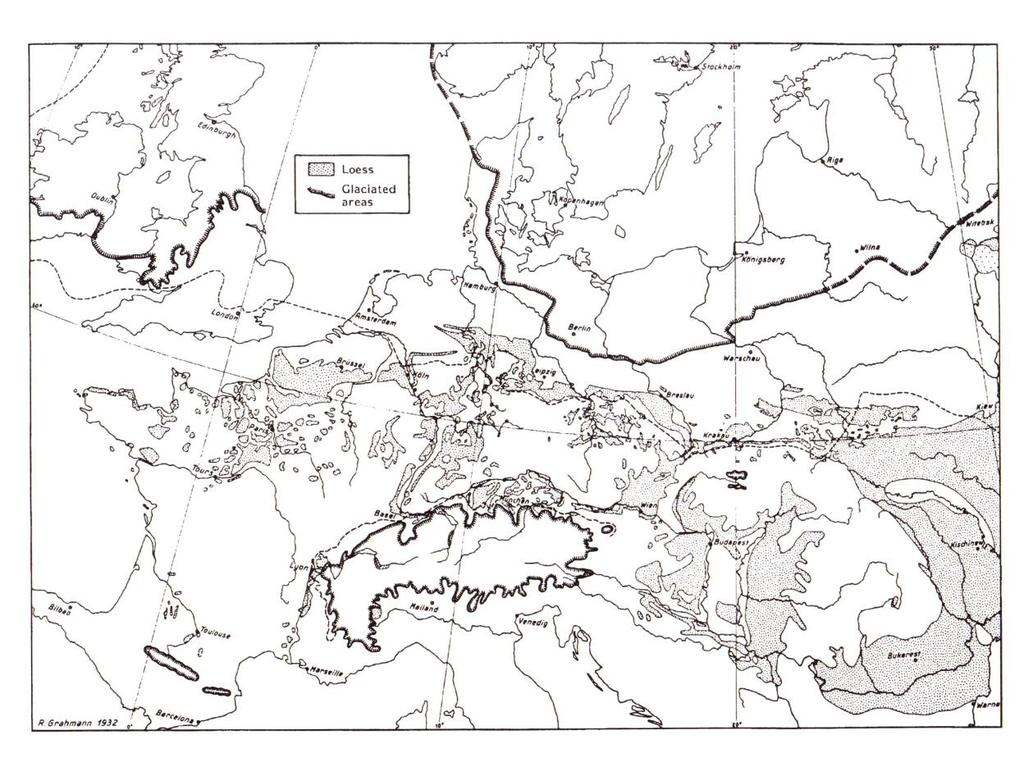 11. Rozšíření eolických sedimentů v Evropě během glaciálu würm (weichsel) (Grahmann 1932).