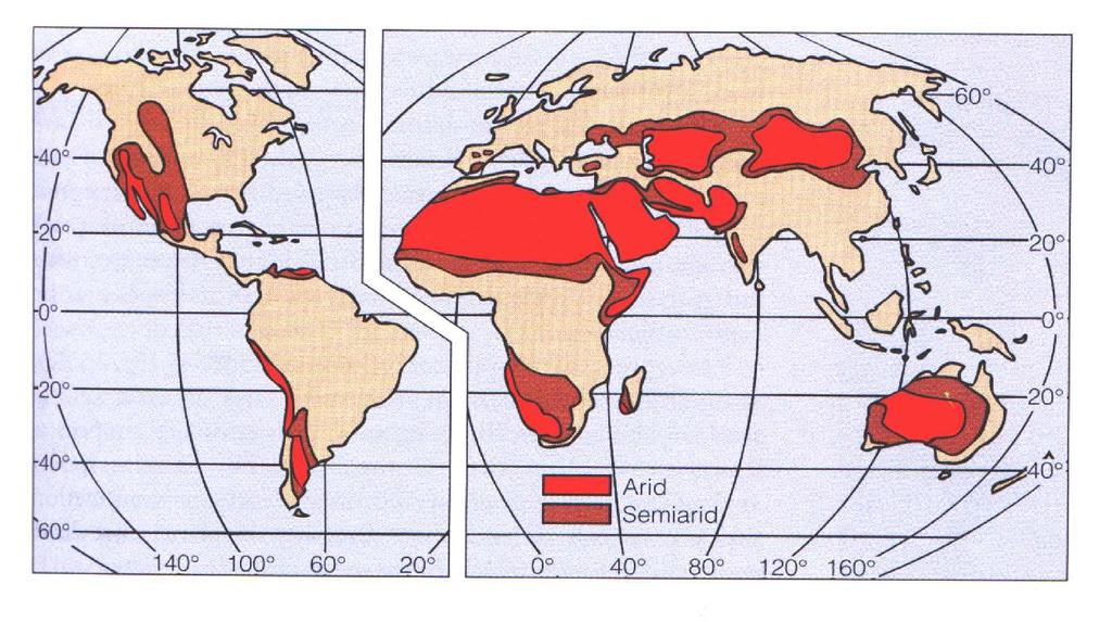 Obrázek 15. Oblasti výskytu aridních a semiaridních oblastí (Monroe, Wicander 1997). Sahara je svou rozlohou 9 100 000 km 2 největší pouští na světě. Písečné duny dosahují výšky aţ 180 m (http://en.