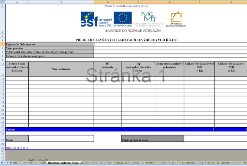 předkládaných v MS Excel: Monitorovací