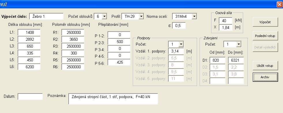 na montoru se uvedou vstupní data posledního výpočtu. Ta lze pochoptelně změnt. Pro výpočet se zadávají následující vstupní údaje (vz. obr.