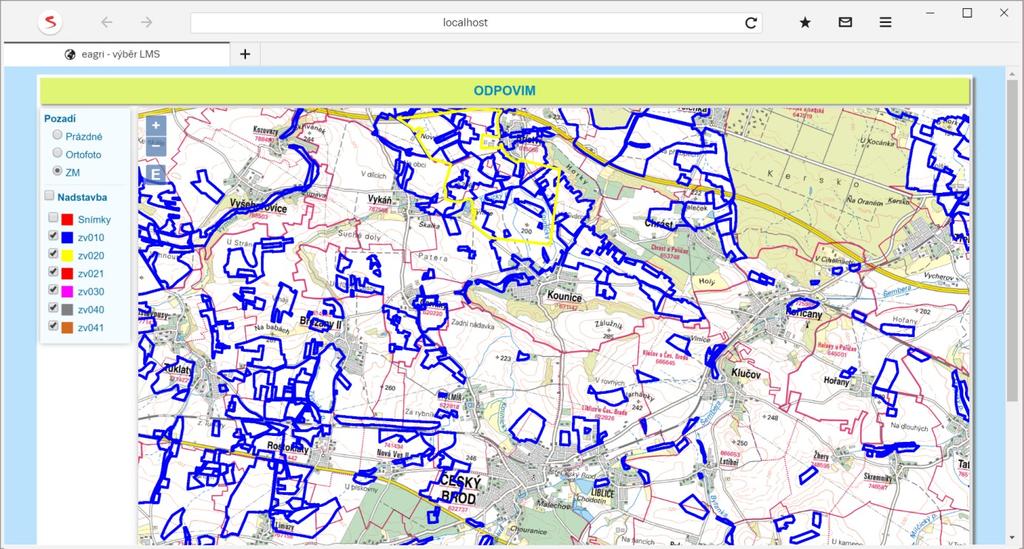 Obr.2 - Příklad nastavení publikace vrstvy zv041 službou WFS ve formátu GeoJSON Následně byla spojena vrstva PF s webovými službami Základních map ČR a ortofota z leteckých měřických snímků,