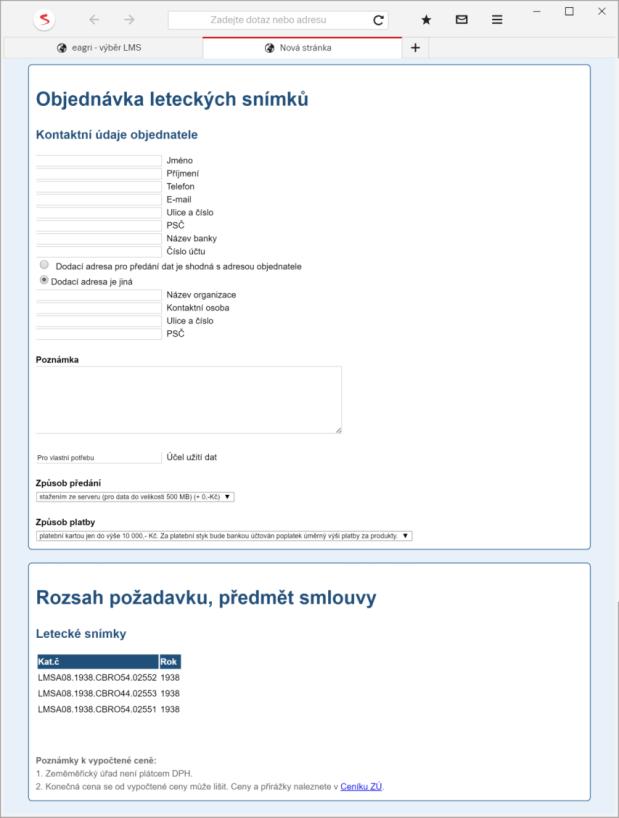 Pro vybrané letecké snímky je dále automaticky sestavena objednávka ALMS (s možností ručního doplnění o další snímky), která obsahuje všechny náležitosti standardní objednávky ALMS VGHMÚř. Obr.