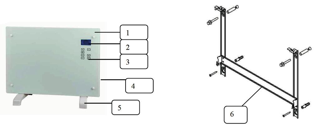 PŘEHLED PŘÍSTROJE 1. Ozdobné sklo 2. LCD displej 3. Ovládací pole 4. ON / OFF spínač 5. Stojan 6.