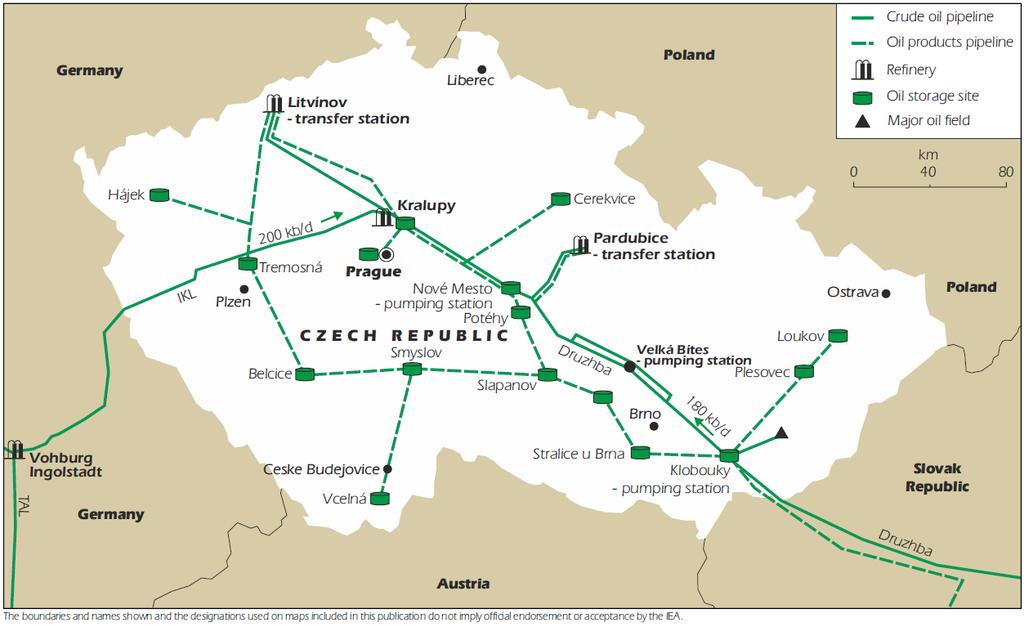 Obrázek č. 2: Infrastruktura na území ČR Zdroj: Mezinárodní energetická agentura Ropovod Družba byl prvním ropovodem provozovaným na území ČR.