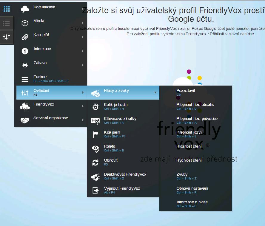 Panel Ovládání (klávesa F8) * obsahuje podnabídku: Hlasy a zvuky, čas, dále položky pomocí kterých můžeme zjistit, kde zrovna jsme,, můžeme zde získat seznam všech klávesových zkratek.