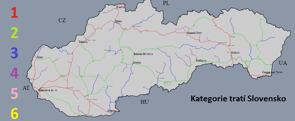 Obrázek 6 Kategorie tratí na Slovensku Zdroj: (18, upraveno autorem) Struktura výpočtu a hlavní složky, které ovlivňují cenu za použití ŽDC na Slovensku provozované ŽSR, jsou obsaženy v přístupovém