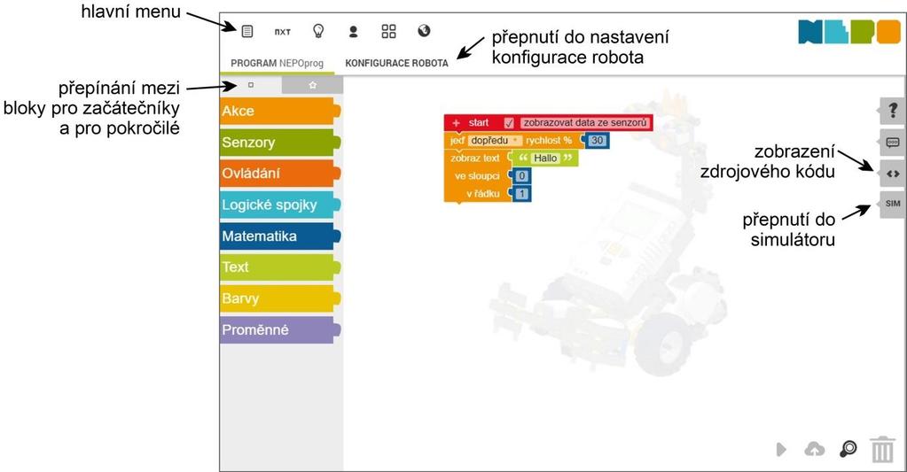 Prostředí Open Roberta Lab s popisy důležitých prvků Pro některé roboty je na kartě Konfigurace robota k dispozici podrobnější nastavení do kterého portu je připojen jaký senzor nebo motor, jaký je