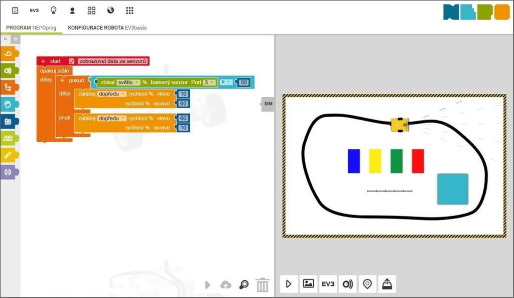 Simulátor pro LEGO Mindstorms umožní simulovat pohyb robota na různých hřištích, můžete i nahrát svůj vlastní obrázek hřiště, v průběhu