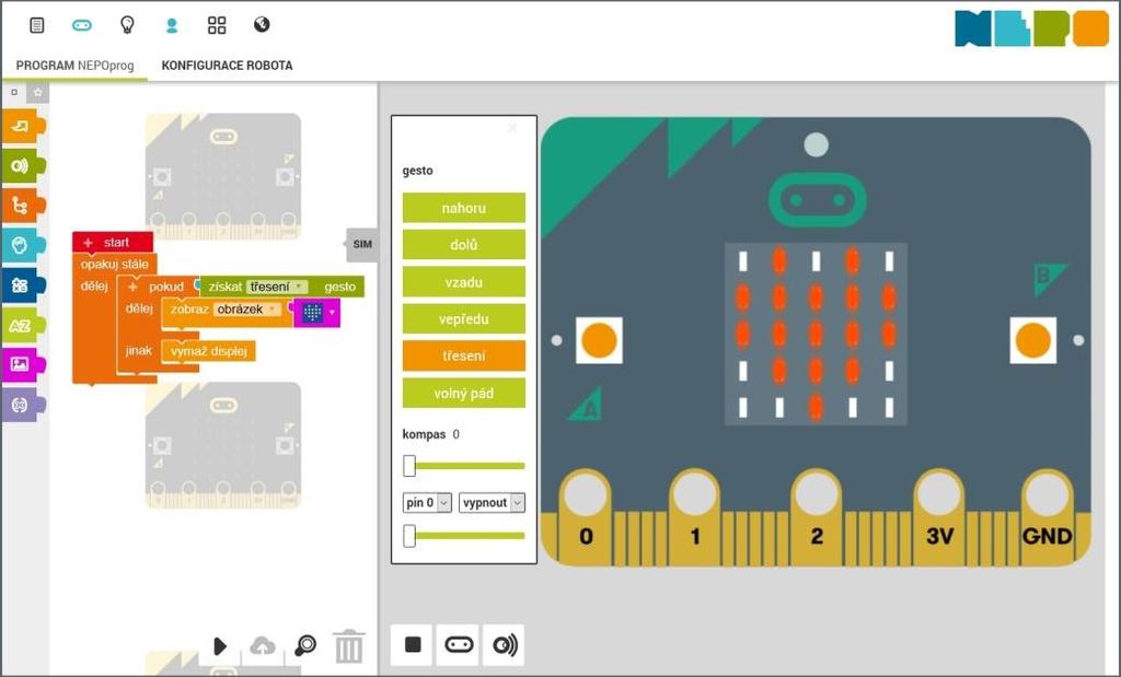 Konfigurace robota pro simulátor je pevně daná, nemůžete tedy testovat různá konstrukční řešení.