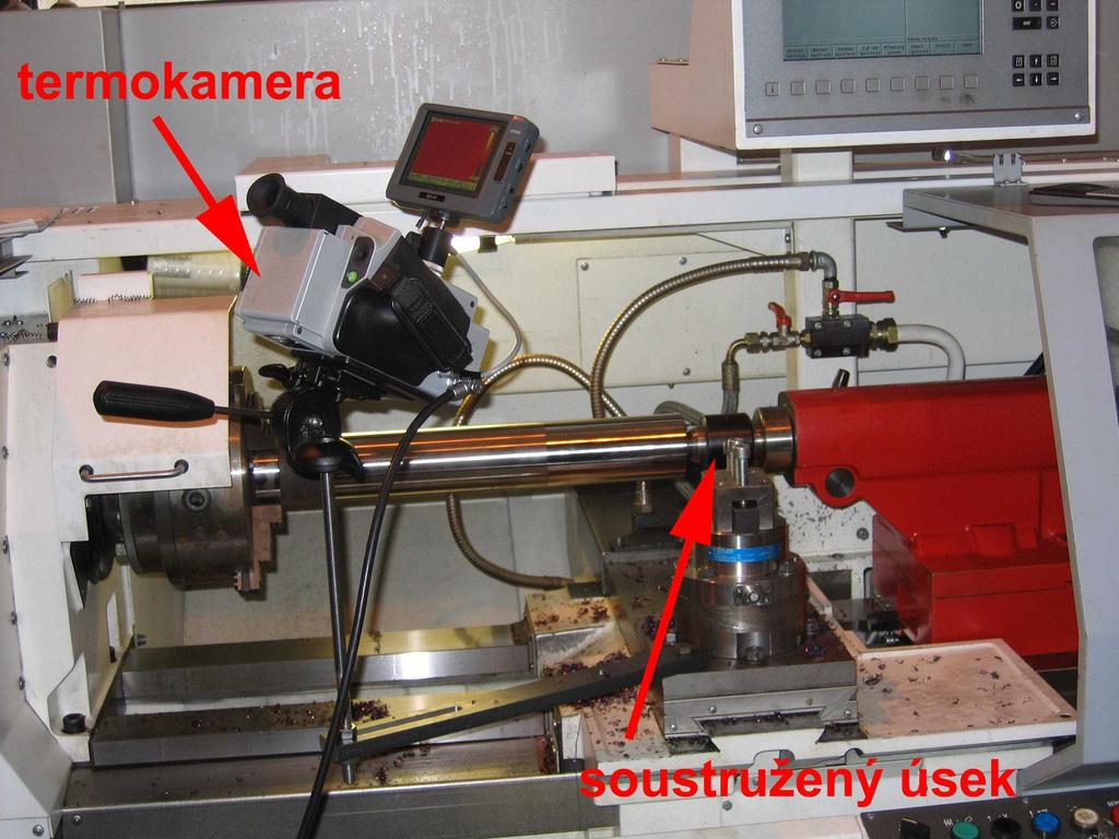 v rámci praktického obráběcího experimentu prováděno měření teploty třísky a nástroje termokamerou + měření řezných sil (okamžik selhání nástroje, vliv nárůstků apod.