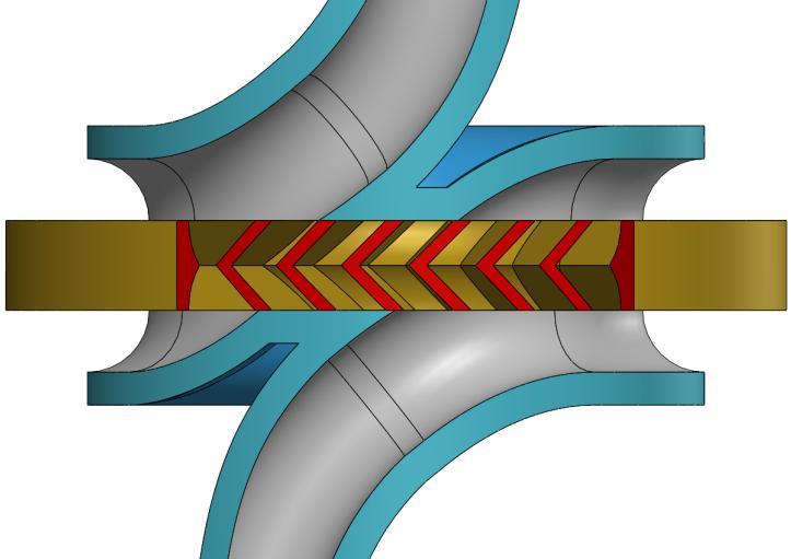 Šípové lopatkování v této práci jiţ není propočítáno CFD programy. Na obvodu oběţného kola jsou lopatky spojeny obručí, která zvýší jejich pevnost.