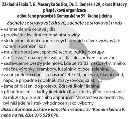 Sušické noviny 17/2017 Aktuality strana 3 Zasedání rady města Usnesení ze zasedání rady města ze dne 18. září 2017 Rada města vzala na vědomí zápis z jednání bytové komise 6. 9. 2017. Rada města schválila využít ustanovení čl.