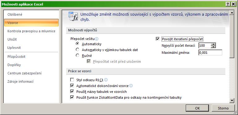 Cyklické odkazy a iterativní výpočty Cyklický odkaz je odkaz, který okazuje na proměnnou (oblast), ve které je obsažena i buňka s odkazem.