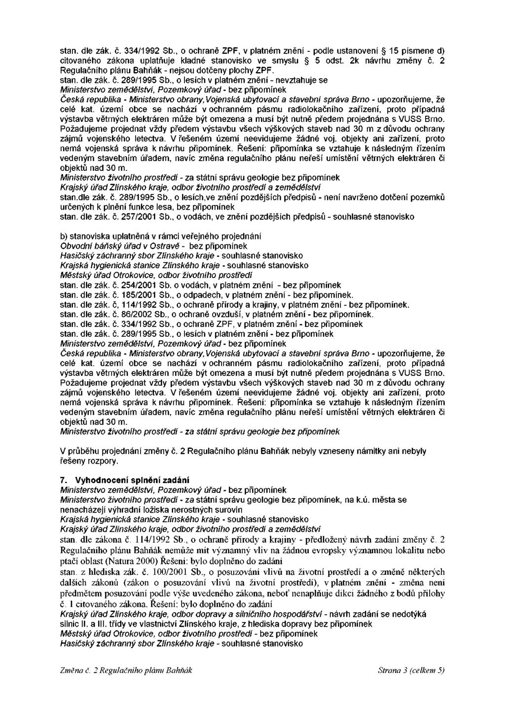stan. dle zák. č. 334/1992 Sb., o ochraně ZPF, v platném znění - podle ustanovení 15 písmene d) citovaného zákona uplatňuje kladné stanovisko ve smyslu 5 odst. 2k návrhu změny č.
