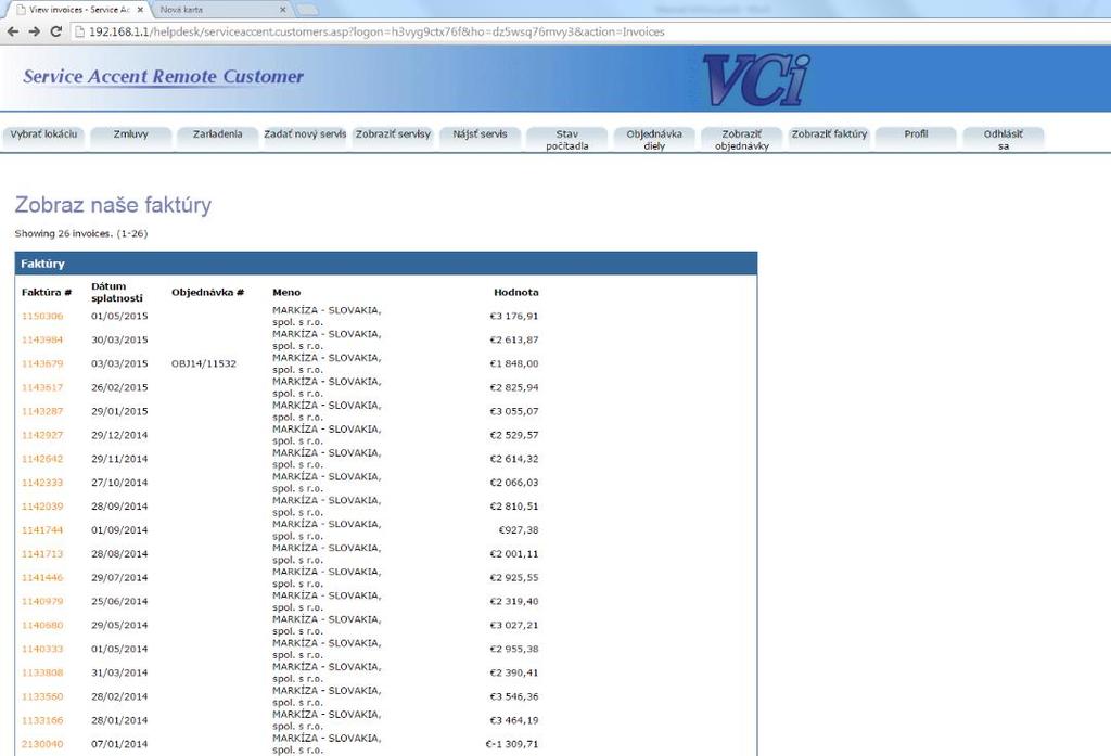8. ZOBRAZIŤ FAKTÚRY Všetky faktúry, ktoré sme Vám zaslali na jednom mieste zobrazíte kliknutím na Zobraziť faktúry v hornom menu. Pre zobrazenie podrobnosti kliknite na oranžové číslo faktúry.