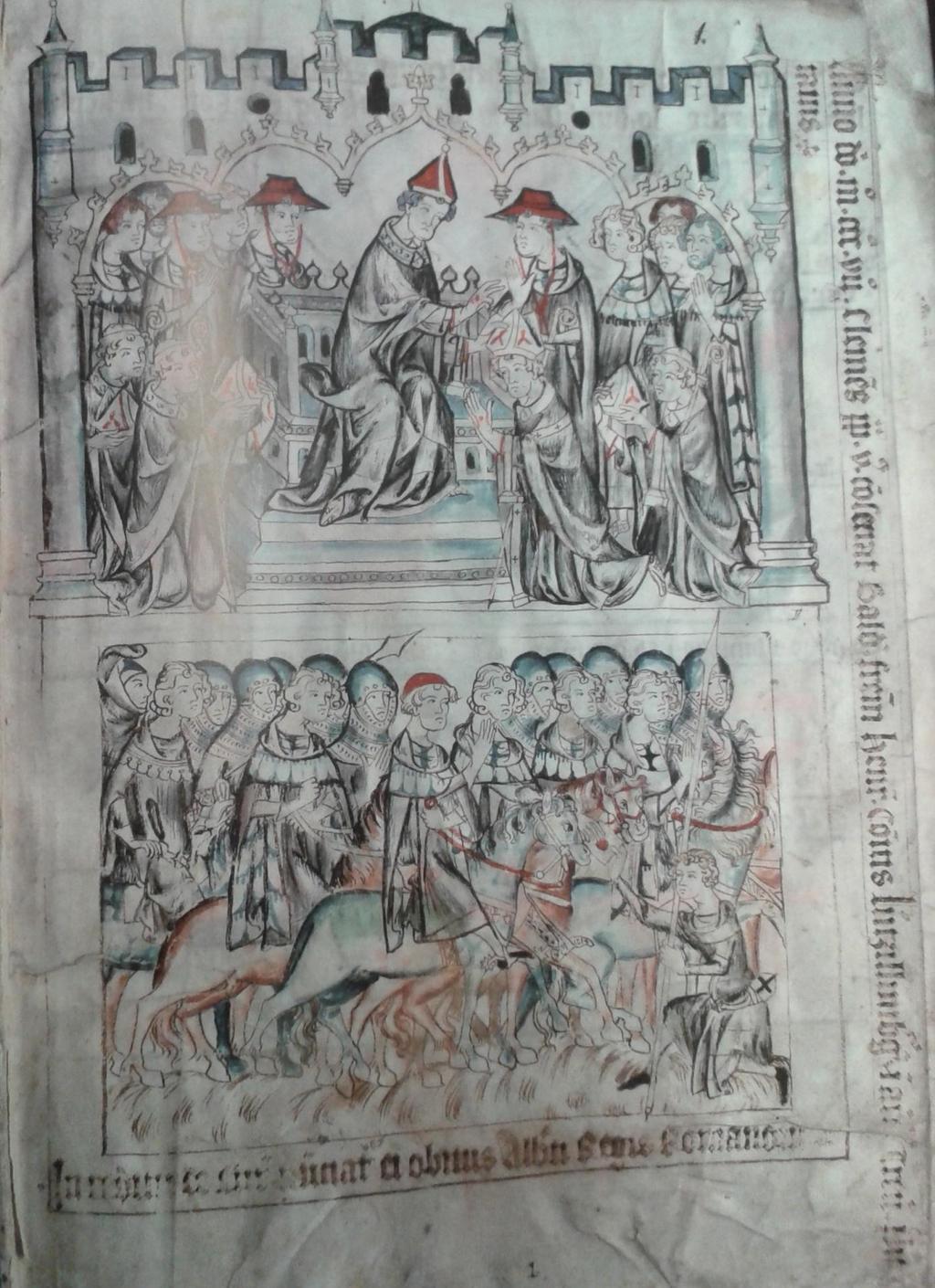 Obrazová příloha 1. Codex Balduini/Balduineum, kol. 1340, Balduin přebírá arcibiskupský mandát z rukou papeže Klimenta V.