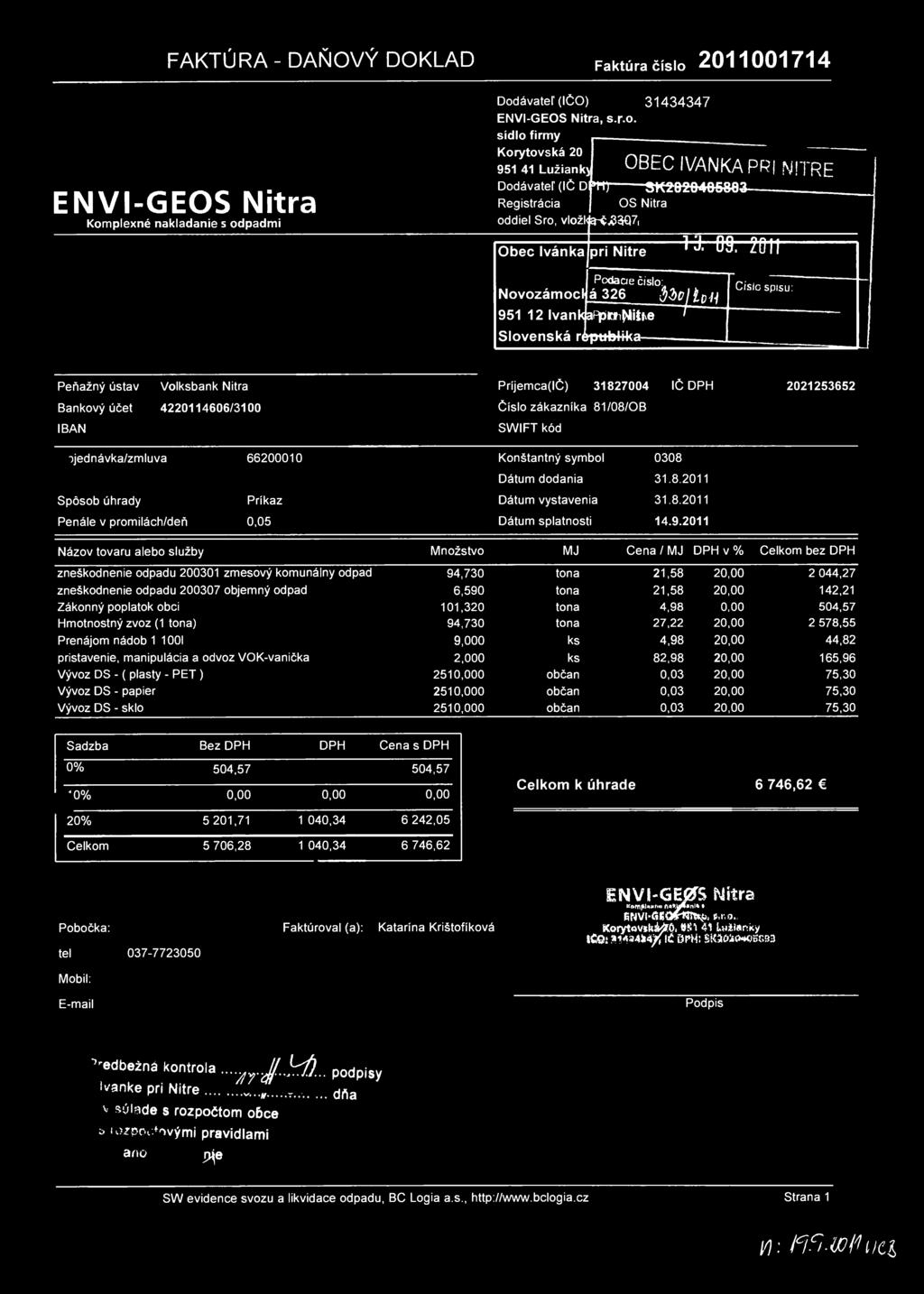 20II Podaae čísloá 326 idojlch Novozámocli 951 12 Ivan k a^w^itive Slovenská republika Cislo spisu: Peňažný ústav Volksbank Nitra Bankový účet 4220114606/3100 IBAN Príjemca(IČ) 31827004 Číslo
