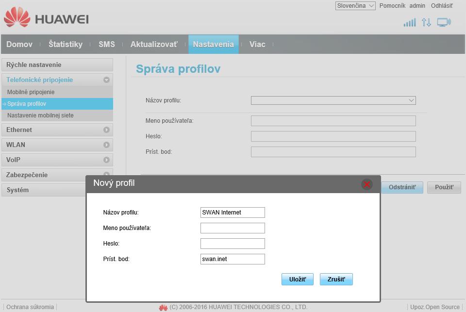 6. Nový profil SWAN Internet musí obsahovať nasledovné hodnoty: Názov profilu / Profile name: SWAN Internet Meno používateľa / User name: - Heslo / Password: - Príst. bod / APN: swan.inet 